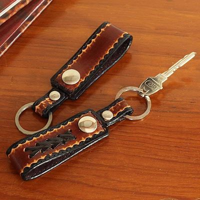 Alternate image for Hand Tooled Brown Leather Key Rings Pair Key to Success in Brown