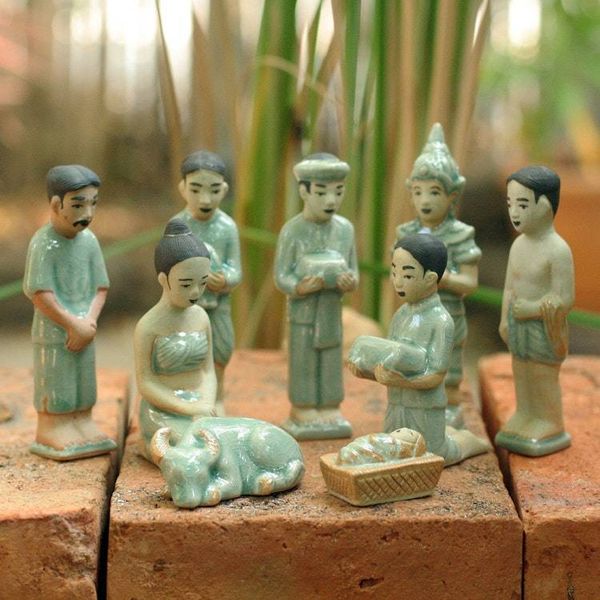 Alternate image for Celadon Ceramic Nativity Scene Set of 9 Thai Christmas