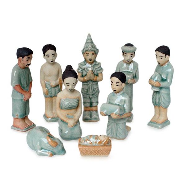 Alternate image for Celadon Ceramic Nativity Scene Set of 9 Thai Christmas