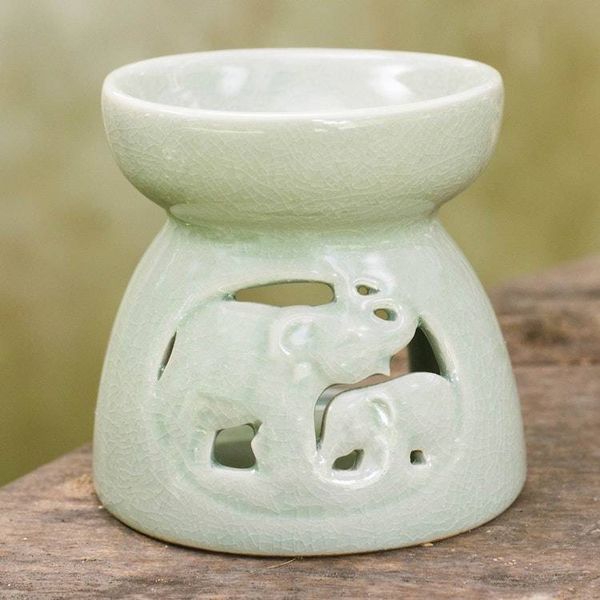 Alternate image for Thailand Elephants Handmade Green Ceramic Clay Oil Warmer Mother and Baby