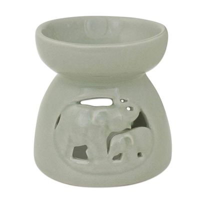 Alternate image for Thailand Elephants Handmade Green Ceramic Clay Oil Warmer Mother and Baby
