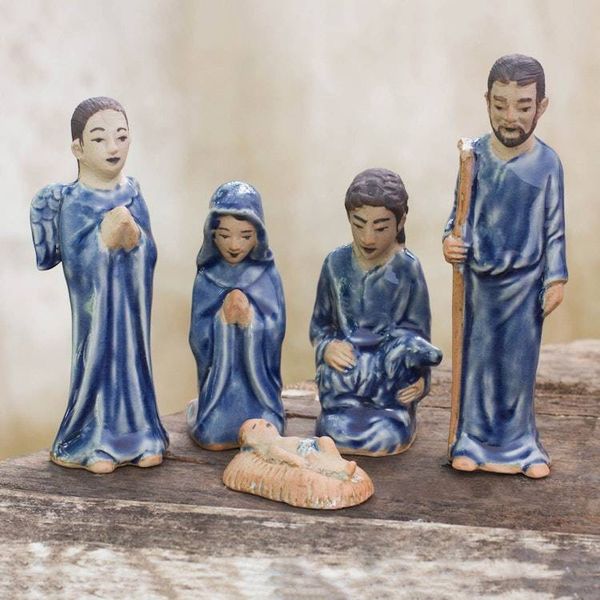 Alternate image for Hand Crafted Celadon Ceramic Nativity Statuettes set of 5 Blessed Nativity in Blue