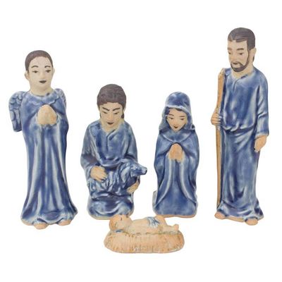 Alternate image for Hand Crafted Celadon Ceramic Nativity Statuettes set of 5 Blessed Nativity in Blue