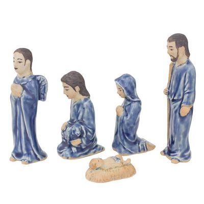 Alternate image for Hand Crafted Celadon Ceramic Nativity Statuettes set of 5 Blessed Nativity in Blue