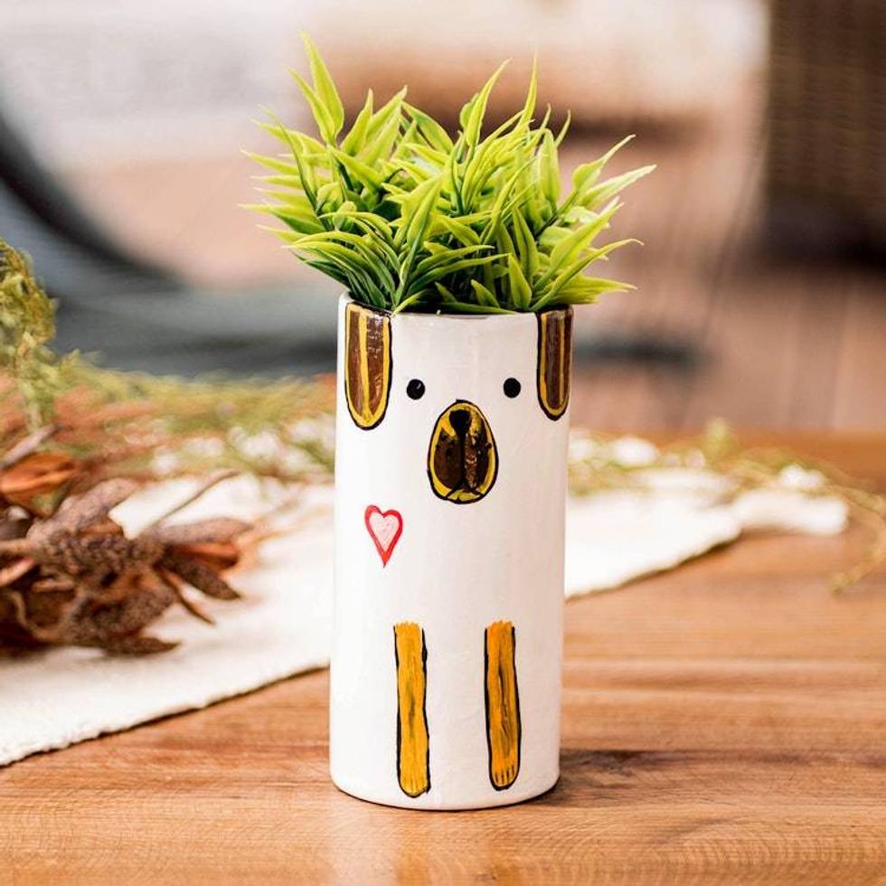 Dog-Shaped Ceramic Decorative Vase Utensil and Pen Holder 'White Canine Organizer'