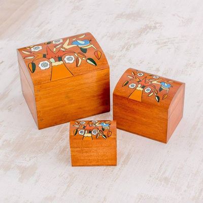 Primary image for Pinewood Decorative Boxes with Bird and Tree Motifs 3 Lively Tree