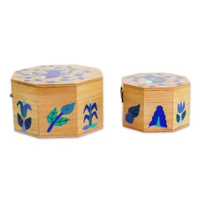 Alternate image for Pair of Pinewood Decorative Boxes with Bird Motifs in Blue Gods Nature in Blue