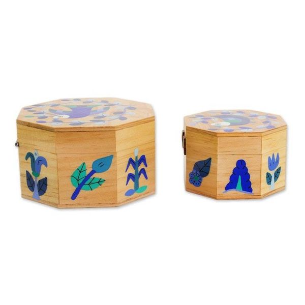 Alternate image for Pair of Pinewood Decorative Boxes with Bird Motifs in Blue Gods Nature in Blue