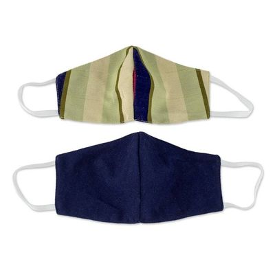 Alternate image for 2 Handwoven 3-Layer Masks in Stripe Solid Blue Cotton Patience and Hope