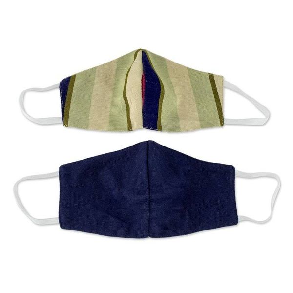 Alternate image for 2 Handwoven 3-Layer Masks in Stripe Solid Blue Cotton Patience and Hope
