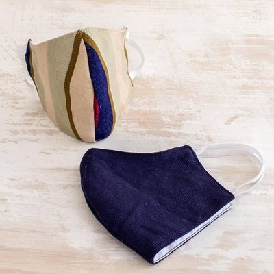 Alternate image for 2 Handwoven 3-Layer Masks in Stripe Solid Blue Cotton Patience and Hope