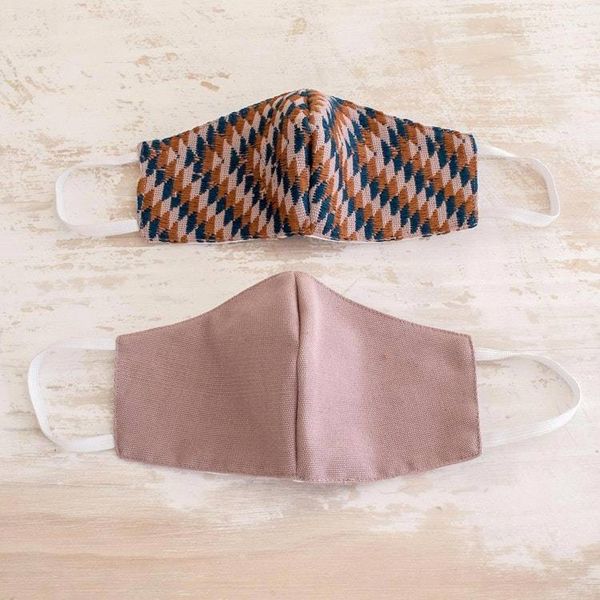 Alternate image for 2 Handwoven Cotton Masks in Blue-Brown Brocade Solid Lilac Psychedelic Brocade