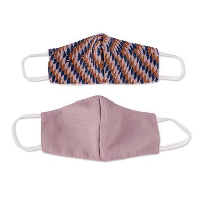 Alternate image for 2 Handwoven Cotton Masks in Blue-Brown Brocade Solid Lilac Psychedelic Brocade