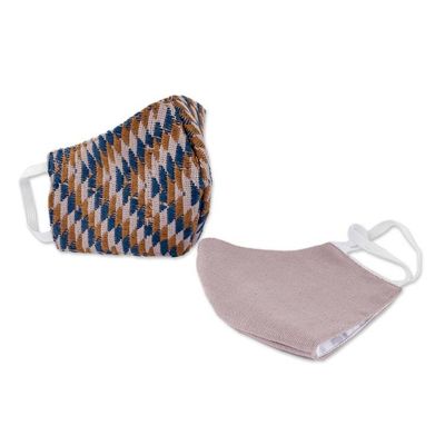 Alternate image for 2 Handwoven Cotton Masks in Blue-Brown Brocade Solid Lilac Psychedelic Brocade