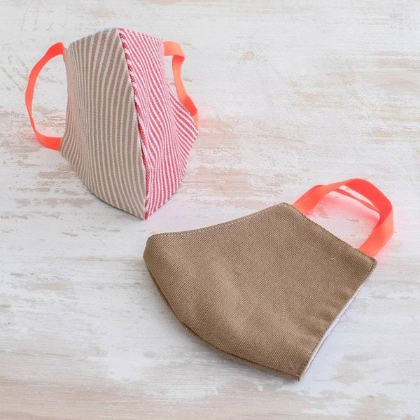 Alternate image for 2 Adults Handwoven Cotton Masks in Brown-Red Stripes Brown Candy Stripe Brown
