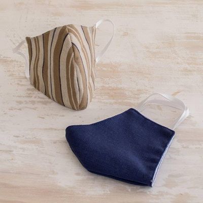Alternate image for Brown Striped Blue Handwoven Cotton Face Masks Maya Handlooms