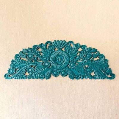 Alternate image for Hand-Carved Floral Wood Relief Panel in Blue from Guatemala Mister Sun