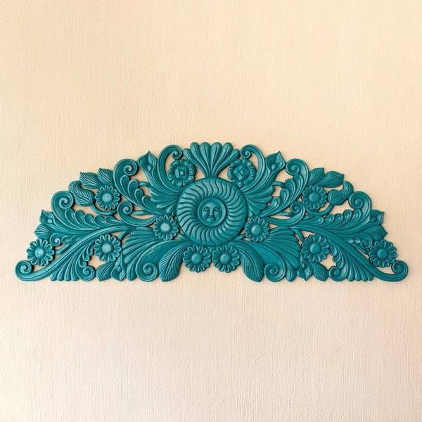Alternate image for Hand-Carved Floral Wood Relief Panel in Blue from Guatemala Mister Sun
