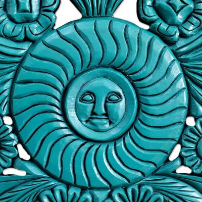 Alternate image for Hand-Carved Floral Wood Relief Panel in Blue from Guatemala Mister Sun