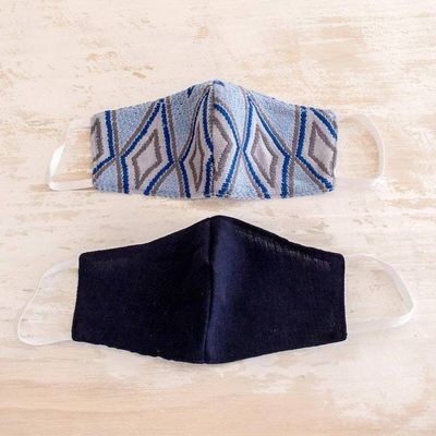 Alternate image for 2 Handwoven Blue Cotton Masks in Brocade Solid Navy Blue Diamond Brocade