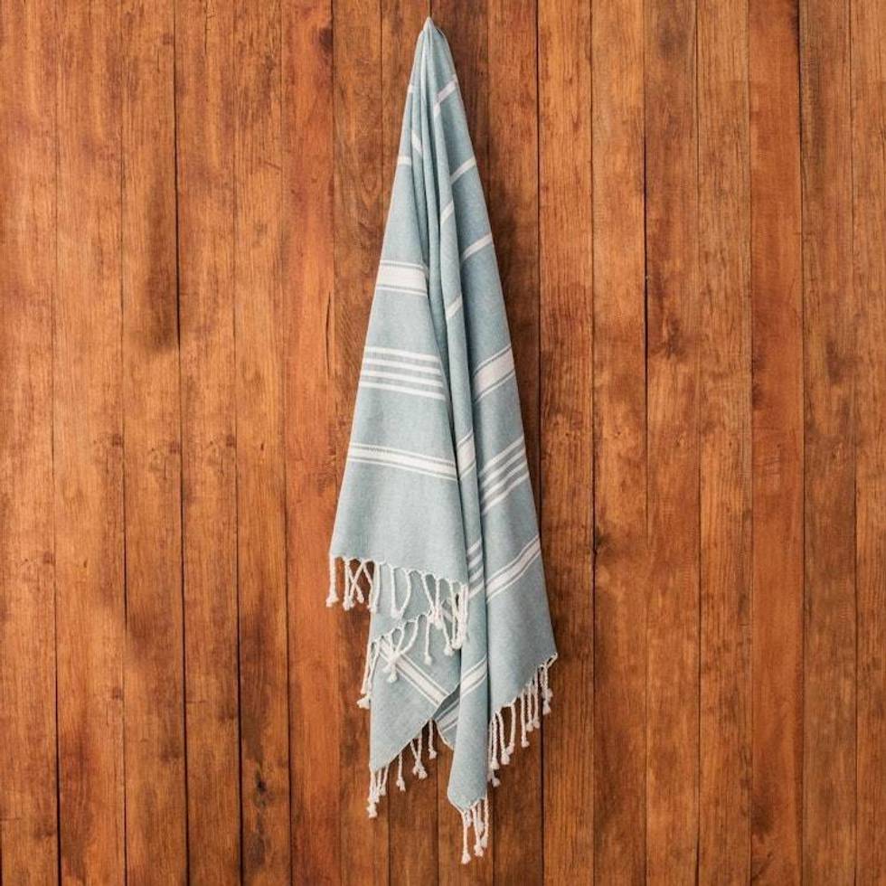 Striped Cotton Beach Towel in Teal from Guatemala 'Sweet Relaxation in Teal'