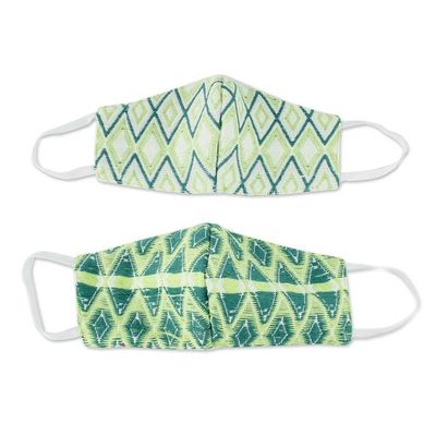 Alternate image for 2 Handwoven 3-Layer Masks in Green Cotton Brocades Green Maya Brocade