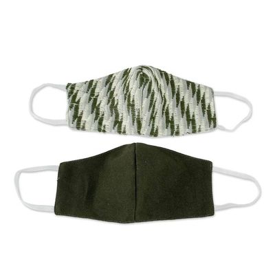 Alternate image for 2 Handwoven Cotton Masks in Green Brocades Solid Brown Zigzag Brocade