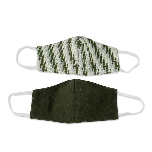 Alternate image for 2 Handwoven Cotton Masks in Green Brocades Solid Brown Zigzag Brocade