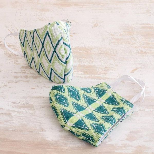 Alternate image for 2 Handwoven 3-Layer Masks in Green Cotton Brocades Green Maya Brocade