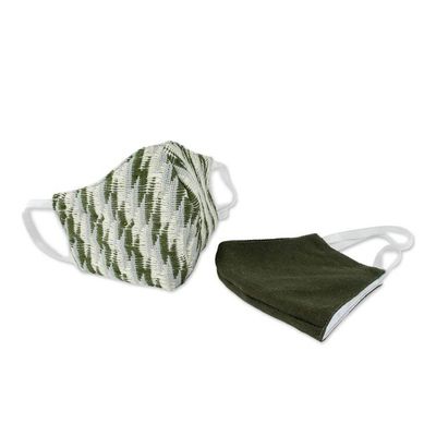 Alternate image for 2 Handwoven Cotton Masks in Green Brocades Solid Brown Zigzag Brocade