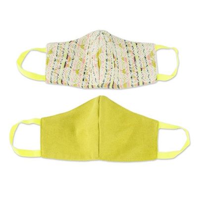 Alternate image for 2 Green-White Brocade Lime Green Cotton Handwoven Masks Happy Mind
