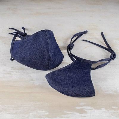 Alternate image for 2 Ties-On Dark Blue Cotton Denim 3-Layer Unisex Face Masks Blue Denim Classic