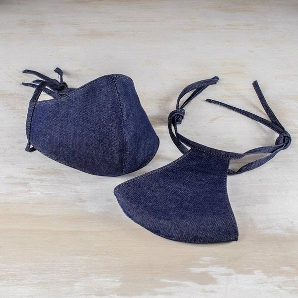 Alternate image for 2 Ties-On Dark Blue Cotton Denim 3-Layer Unisex Face Masks Blue Denim Classic