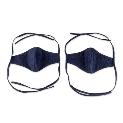 Alternate image for 2 Ties-On Dark Blue Cotton Denim 3-Layer Unisex Face Masks Blue Denim Classic
