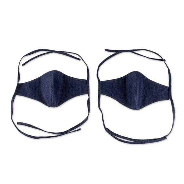 Alternate image for 2 Ties-On Dark Blue Cotton Denim 3-Layer Unisex Face Masks Blue Denim Classic