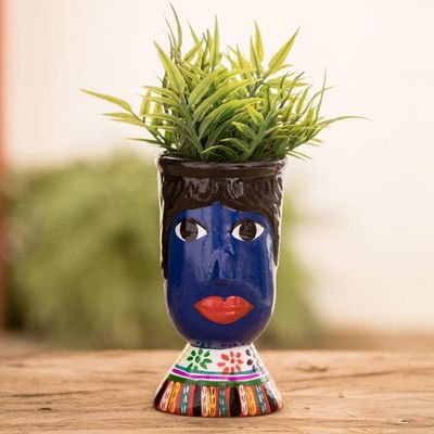 Alternate image for Blue Hand-Painted Double Face Ceramic Flower Pot St. Anthony