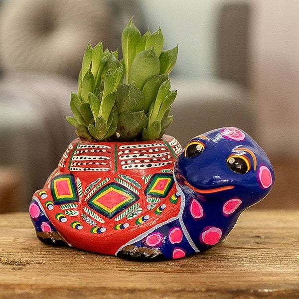 Alternate image for Cute Miniature Turtle Ceramic Flower Pot from Guatemala Herbaceous Tortoise