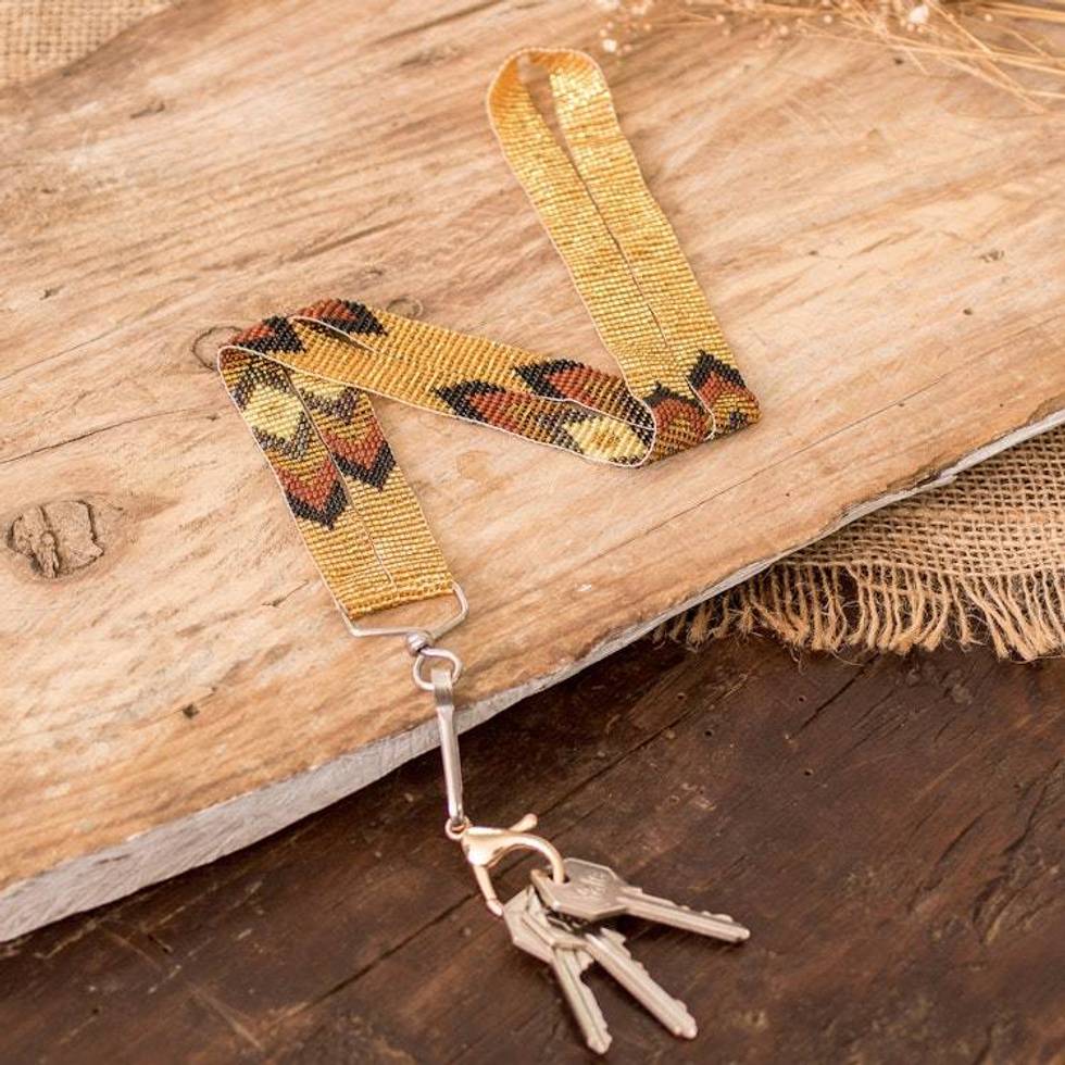Handmade Beaded Neck Lanyard Keychain Holder in Gold Hue 'Handy and Trendy'
