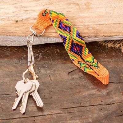 Primary image for Handcrafted Geometric Glass Beaded Keychain in Orange Key to the Jungle