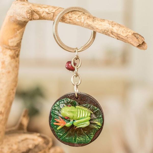 Alternate image for Handmade Painted Pinewood and Cold Porcelain Frog Keychain The Little Frog
