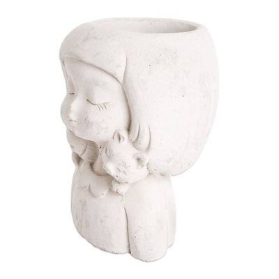 Alternate image for Handcrafted Whimsical Girl and Cat Cement Flower Pot Love Tenderness