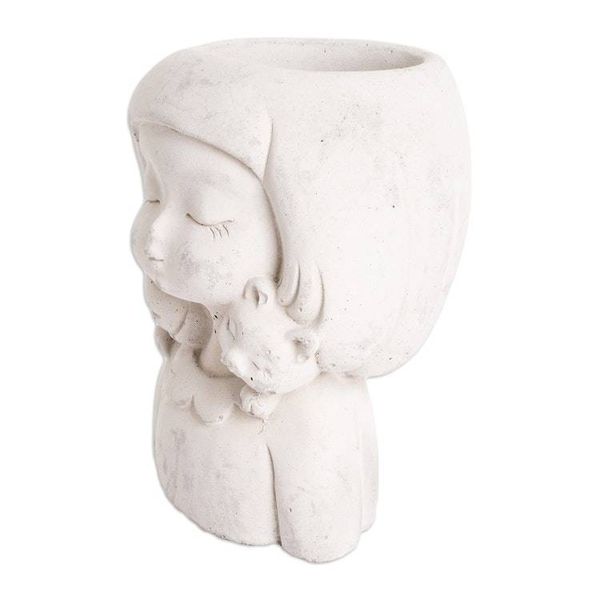 Alternate image for Handcrafted Whimsical Girl and Cat Cement Flower Pot Love Tenderness