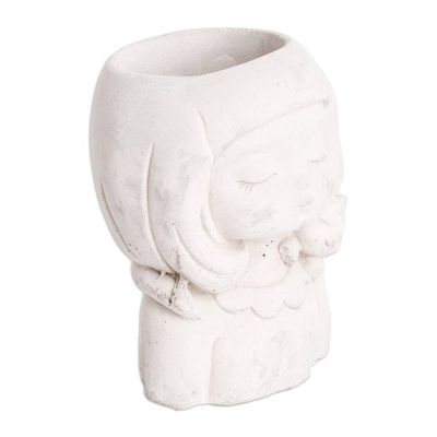 Alternate image for Handcrafted Whimsical Girl and Cat Cement Flower Pot Love Tenderness