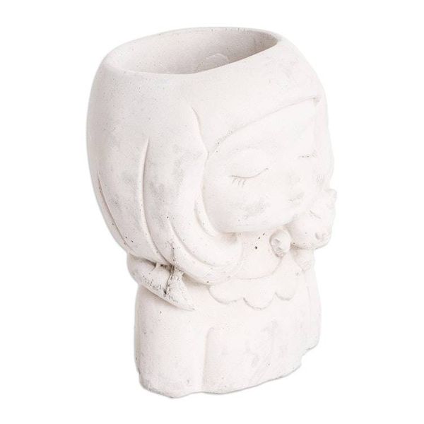 Alternate image for Handcrafted Whimsical Girl and Cat Cement Flower Pot Love Tenderness