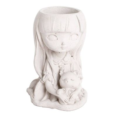 Alternate image for Handcrafted Whimsical Girl and Teddy Bear Cement Flower Pot Wisdom Resilience