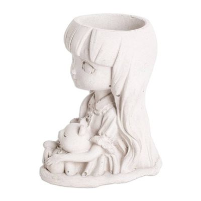 Alternate image for Handcrafted Whimsical Girl and Teddy Bear Cement Flower Pot Wisdom Resilience