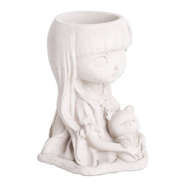 Alternate image for Handcrafted Whimsical Girl and Teddy Bear Cement Flower Pot Wisdom Resilience