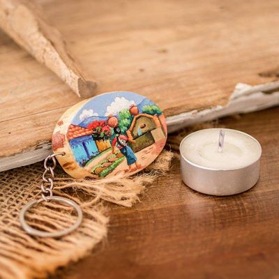 Alternate image for Pinewood Keychain with Hand-Painted Guatemalan Woman Motif San Juan Comalapa Charm