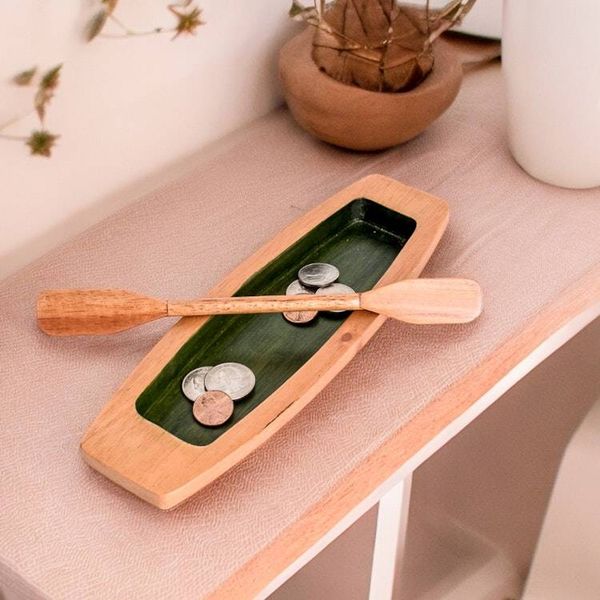 Alternate image for Hand-Carved Painted Green Cedarwood Boat Catchall Harmonious Journey