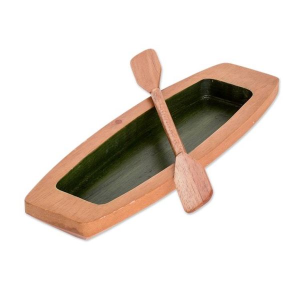Alternate image for Hand-Carved Painted Green Cedarwood Boat Catchall Harmonious Journey